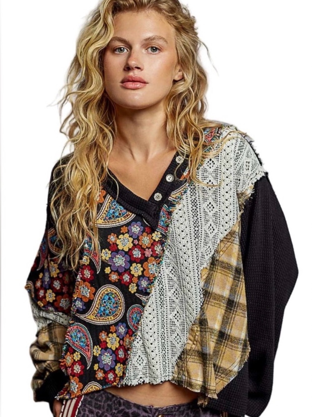 POL Knit Top with Black Base and Bright Floral and Lace Accents